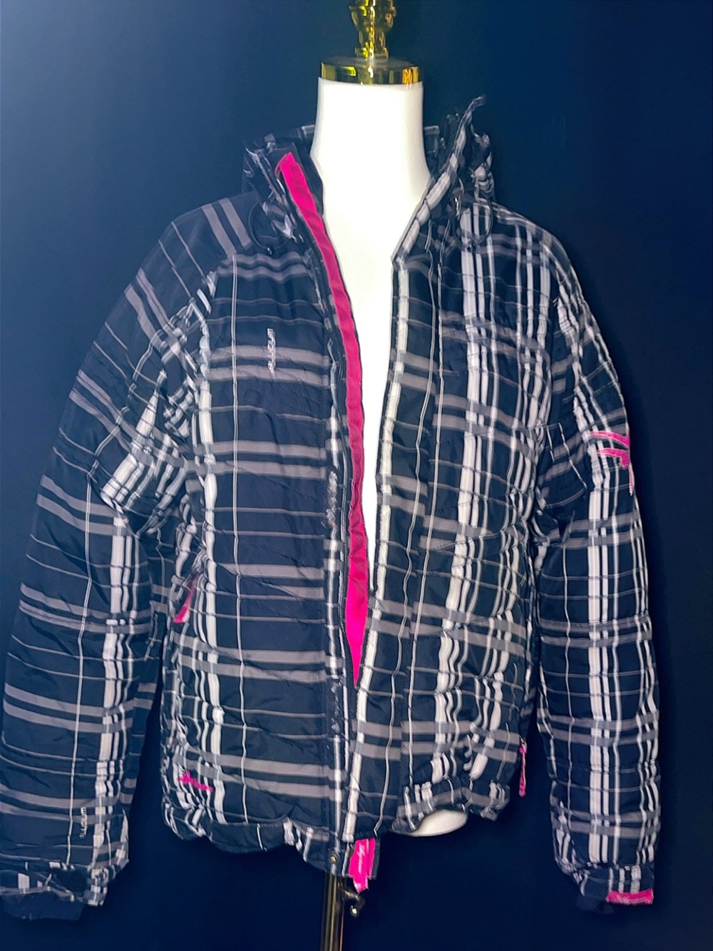Plaid Black Puffer Jacket with Pink Trim